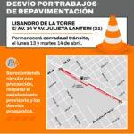 Desvío por obras en Lisandro de la Torre entre las avenidas 14 y 21