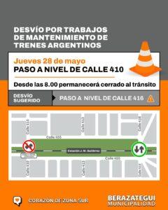 Desvío por obra de Trenes Argentinos en el paso a nivel de la calle 410