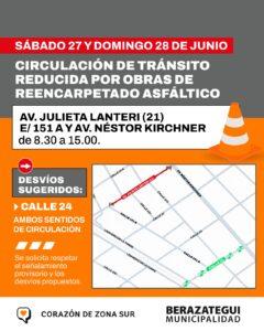 Desvío por obras en Av. Lanteri entre Av. Néstor Kirchner y calle 151 A