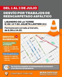 Desvío de tránsito por obras de reencarpetado asfáltico sobre Lisandro de la Torre