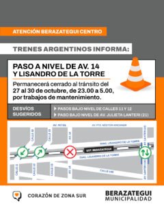 Desvío por obras de Trenes Argentinos en el paso a nivel de Avenida 14