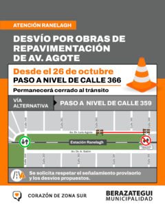Ranelagh: Desvío de tránsito por obras de repavimentación en Av. Agote